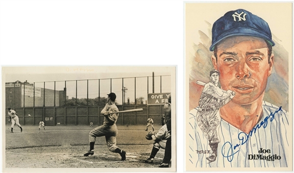 Joe Dimaggio Collection of (2) Including 1941 6 x 10 Wire Photo of DiMaggio and Autographed Perez Steele Card (PSA/DNA)